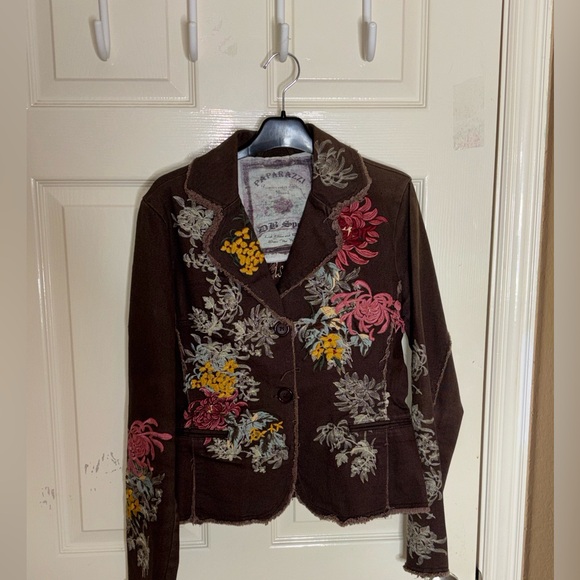 PAPARAZZI BIZ Floral Embroidered Brown Boho Button Lined Coat Jacket Size M - Picture 11 of 12